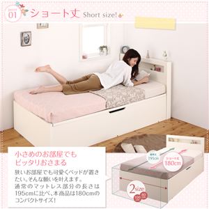 収納ベッド セミシングル 深さラージ【薄型スタンダードポケットコイルマットレス付】フレームカラー:ホワイト 小さな部屋に合うショート丈収納ベッド Odette オデット