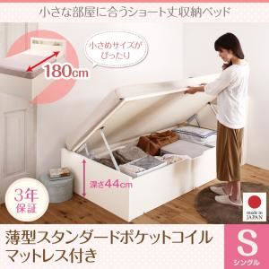 収納ベッド シングル 深さグランド【薄型スタンダードポケットコイルマットレス付】フレームカラー:ホワイト 小さな部屋に合うショート丈収納ベッド Odette オデット