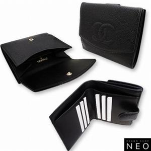 CHANEL シャネル A13496BK キャビアスキン Wホック ２つ折り 財布 ブラック