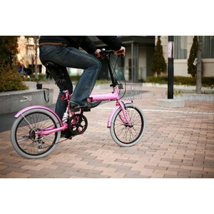 20インチカラフル折りたたみ自転車  カギ/カゴ/ライト付 6段変速 HEAVEN's ピンク