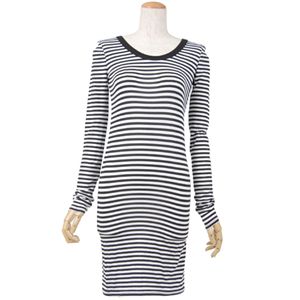 ボーダーのロング丈チュニックカットソー 細ボーダー ベージュ×ブラック