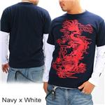 ZEKOO 和柄大集合 Tシャツ＆ロングTシャツ レイヤード2枚組み　ネイビー×ホワイト　M
