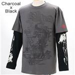 ZEKOO 和柄大集合 Tシャツ＆ロングTシャツ レイヤード2枚組み　チャコール×ブラック　M