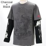 ZEKOO 和柄大集合 Tシャツ＆ロングTシャツ レイヤード2枚組み　チャコール×ブラック　XL