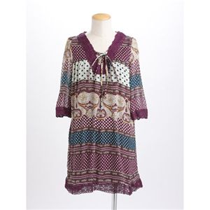 シフォン襟レース七分袖チュニックワンピース パープル