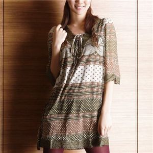 シフォン襟レース七分袖チュニックワンピース カーキ