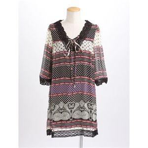 シフォン襟レース七分袖チュニックワンピース ブラック