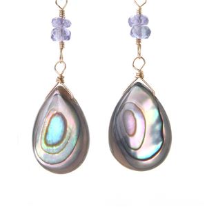 アバロンシェル&タンザナイトボタンカット14KGFピアス