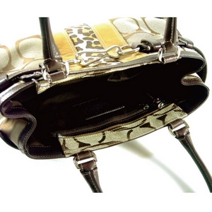 Coach(コーチ) バッグ ハンプトンズ シグネチャー ストライプ ミディアム キャリオール ブラウン 13073