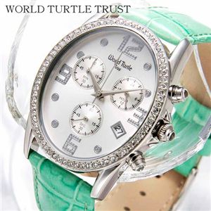 【わけあり】WORLD TURTLE TRUST(ワールドタートルトラスト) クロノグラフ 本革レザーウォッチ ライム