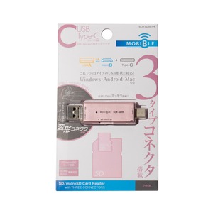 ミヨシ 3タイプコネクタ搭載 SD/microSDカードリーダ SCR-SD05/PK　ピンク