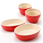 Le Creuset(ル・クルーゼ) ウェーブライン ストーンウェアセット (ラムカン2個&オーバルディッシュ2枚) レッド