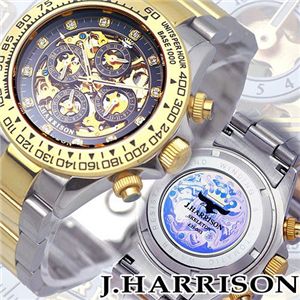 J.HARRISON(ジョン・ハリソン) 両面スケルトン オートマブレスウォッチ JH-003GBK／ゴールド×ブラック
