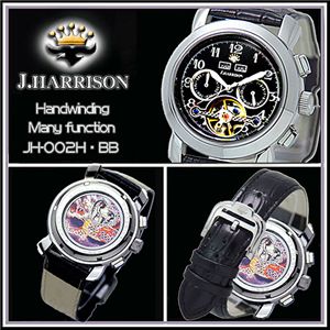 J.HARRISON(ジョン・ハリソン) ハンドワインディング メンズレザーウォッチ JH-002BB/ブラック×ブラック