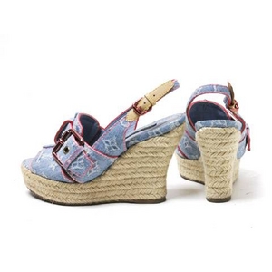 【現品限り】LOUIS VUITTON(ルイ ヴィトン) モノグラムデニム ウェッジソール サンダル ブルー/ピンク #35 【中古A】