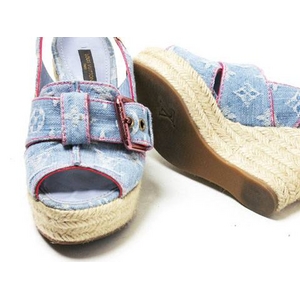 【現品限り】LOUIS VUITTON(ルイ ヴィトン) モノグラムデニム ウェッジソール サンダル ブルー/ピンク #35 【中古A】