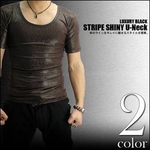 Luxury Black(ラグジュアリーブラック) ストライプシャイニー加工 UネックTシャツBRW Mサイズ