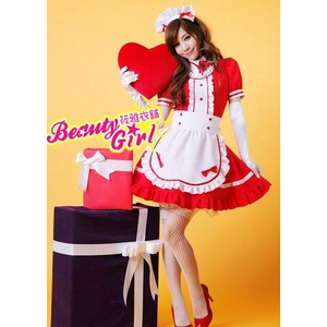 コスプレ 2011新作 カチューシャ付き赤のメイド コスチューム4点セット