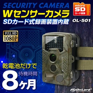 【監視カメラ】【防犯カメラ】【SDカード式録画装置内蔵】 屋外 防塵防水 Wセンサーカメラ （OL-501） 超強力赤外線LED PIR 人感センサー 暗視撮影 乾電池式 配線不要