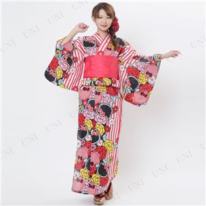 ストライプ牡丹キティ浴衣（結び帯付き2点セット）※ハンガー付き専用袋 レッド（RD）