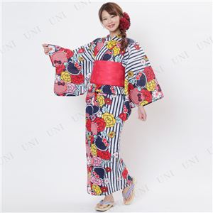 ストライプ牡丹キティ浴衣（結び帯付き2点セット）※ハンガー付き専用袋 ネイビーブルー（NB）