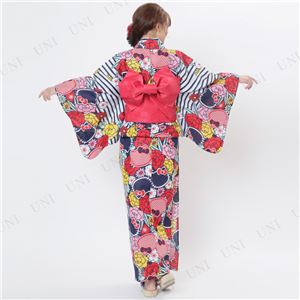 ストライプ牡丹キティ浴衣（結び帯付き2点セット）※ハンガー付き専用袋 ネイビーブルー（NB）