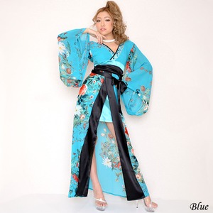 超ゴージャス ビジュー シフォン ロング 着物 ドレスセクシー キャバドレス 花魁 おいらん/ ブルー 