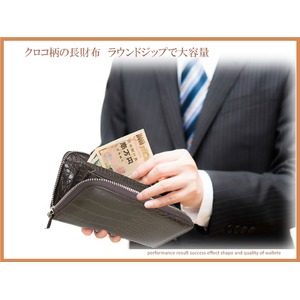 ラウンドファスナー フェイクレザークロコ柄長財布/ブラウン