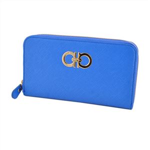 Salvatore Ferragamo(サルバトーレフェラガモ) 22B300 642077 bleu indien GANCINI ダブルガンチーニ ラウンドファスナー長財布