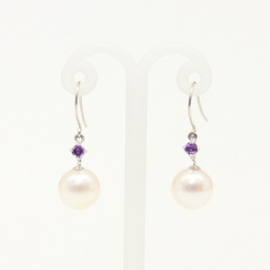 プラチナ　7mmあこや真珠 アメジスト  フックピアス　パールピアス