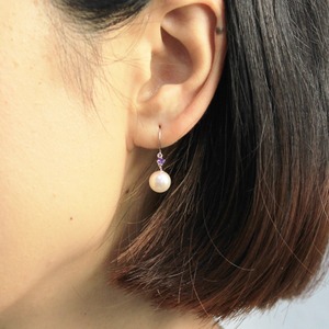 プラチナ　7mmあこや真珠 アメジスト  フックピアス　パールピアス