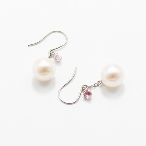 プラチナ　7mmあこや真珠 ピンクトルマリン フックピアス　パールピアス