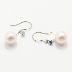 プラチナ　7mmあこや真珠 ブルートパーズ フックピアス　パールピアス