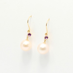 18金 イエローゴールド　7mm珠 アコヤ本真珠　アメジスト　フックピアス　パール　誕生石