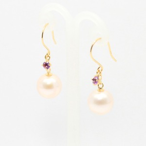 18金 イエローゴールド　7mm珠 アコヤ本真珠　アメジスト　フックピアス　パール　誕生石