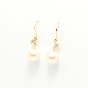 18金 イエローゴールド　7mm珠 アコヤ本真珠　アクアマリン　フックピアス　パール　誕生石