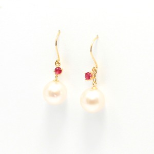 18金 イエローゴールド　7mm珠 アコヤ本真珠　ルビー　フックピアス　パール　誕生石