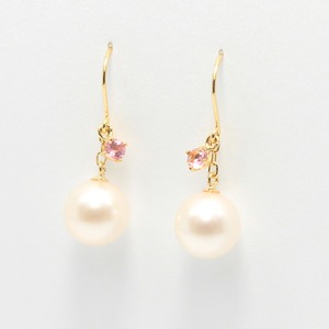 18金 イエローゴールド　7mm珠 アコヤ本真珠　ピンクトルマリン　フックピアス　パール　誕生石