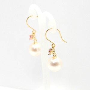 18金 イエローゴールド　7mm珠 アコヤ本真珠　ピンクトルマリン　フックピアス　パール　誕生石