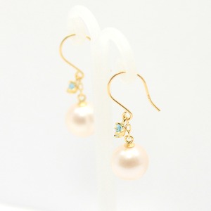 18金 イエローゴールド　7mm珠 アコヤ本真珠　ブルートパーズ　フックピアス　パール　誕生石