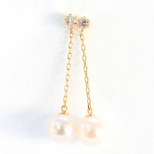 18金 7mmあこや真珠 0.2ct 天然ダイヤモンドチェーンピアス パールピアス