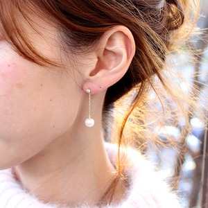 18金 7mmあこや真珠 0.2ct 天然ダイヤモンドチェーンピアス パールピアス