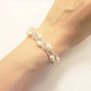 淡水パール ホワイト 三つ編み ツイスト デザイン ブレスレット 