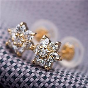 【鑑別書付】K18イエローゴールド 天然ダイヤモンドピアス ダイヤ0.3ctピアス フラワーモチーフ