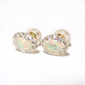 ピアス シンセティック オパール キュービックジルコニア K18 イエローゴールド シリコン製ダブルロックキャッチ