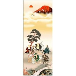 赤富士・丹頂鶴・七福神 ■鵜飼雄平 開運掛軸(尺三) 「七福神万笑之図」紙箱