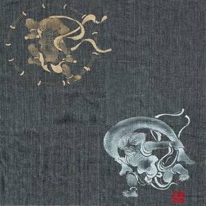 風神雷神の手書き絵・しじら織甚平 キングサイズ濃灰4L