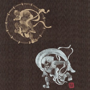 風神雷神の手書き絵・しじら織甚平 キングサイズ濃茶3L