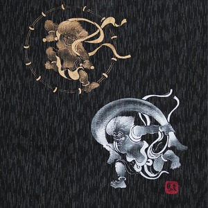 風神雷神の手書き絵・しじら織甚平 キングサイズ黒3L