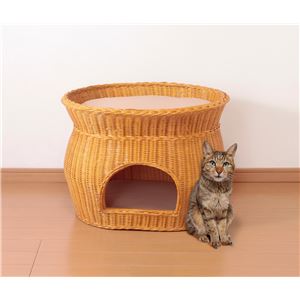 天然籐製キャットハウス/猫ハウス 【2段ベッドタイプ】 クッションシート付き カバーのみ手洗い可